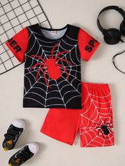Boys Kids Casual Outfit Set Short Sleeve Spider Web Print T-Shirt and Shorts Summer