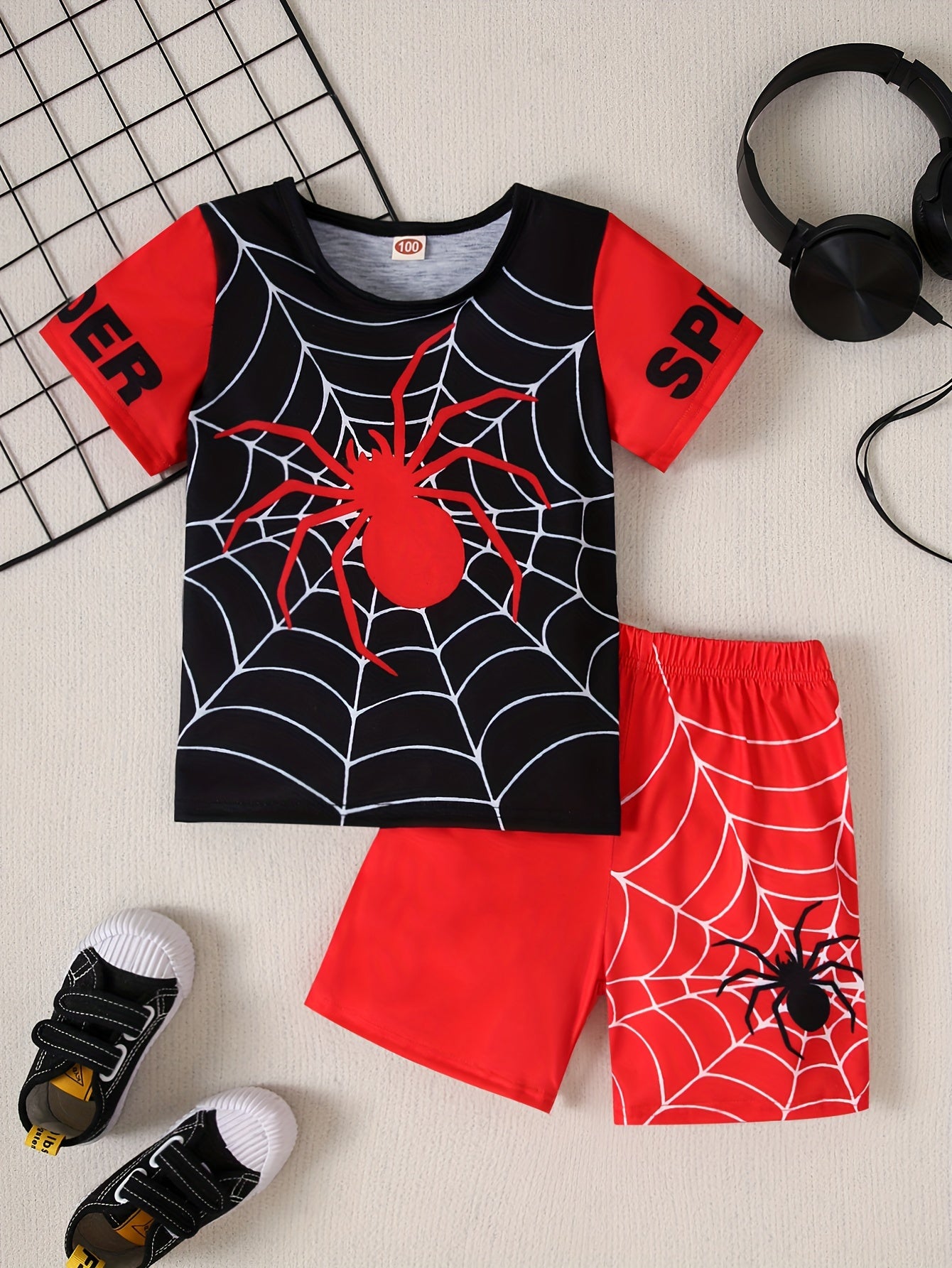 Boys Kids Casual Outfit Set Short Sleeve Spider Web Print T-Shirt and Shorts Summer