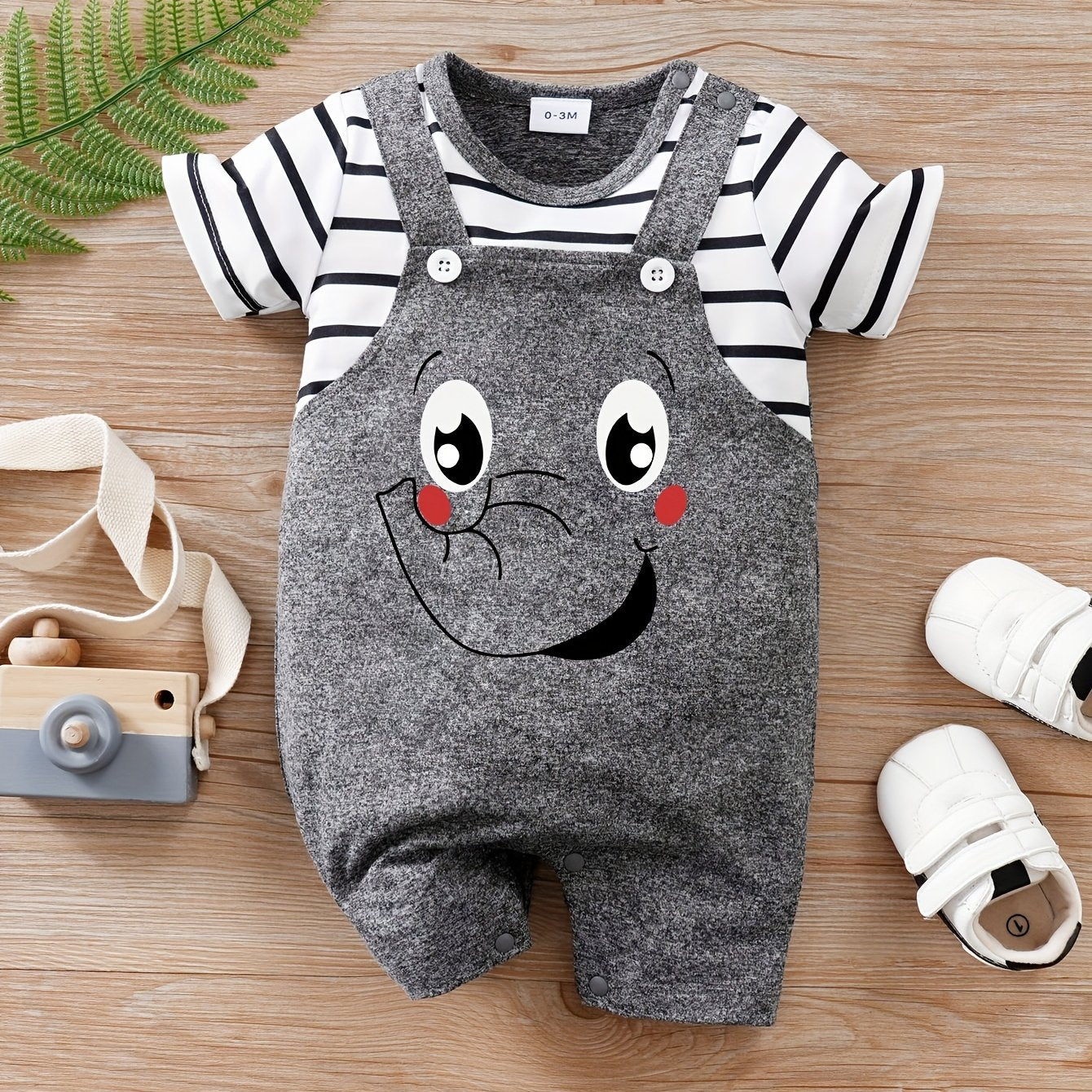 Kids' Summer Elephant Cartoon Romper for 0-3 Years Girls and Boys Made of Soft Polyester Blend