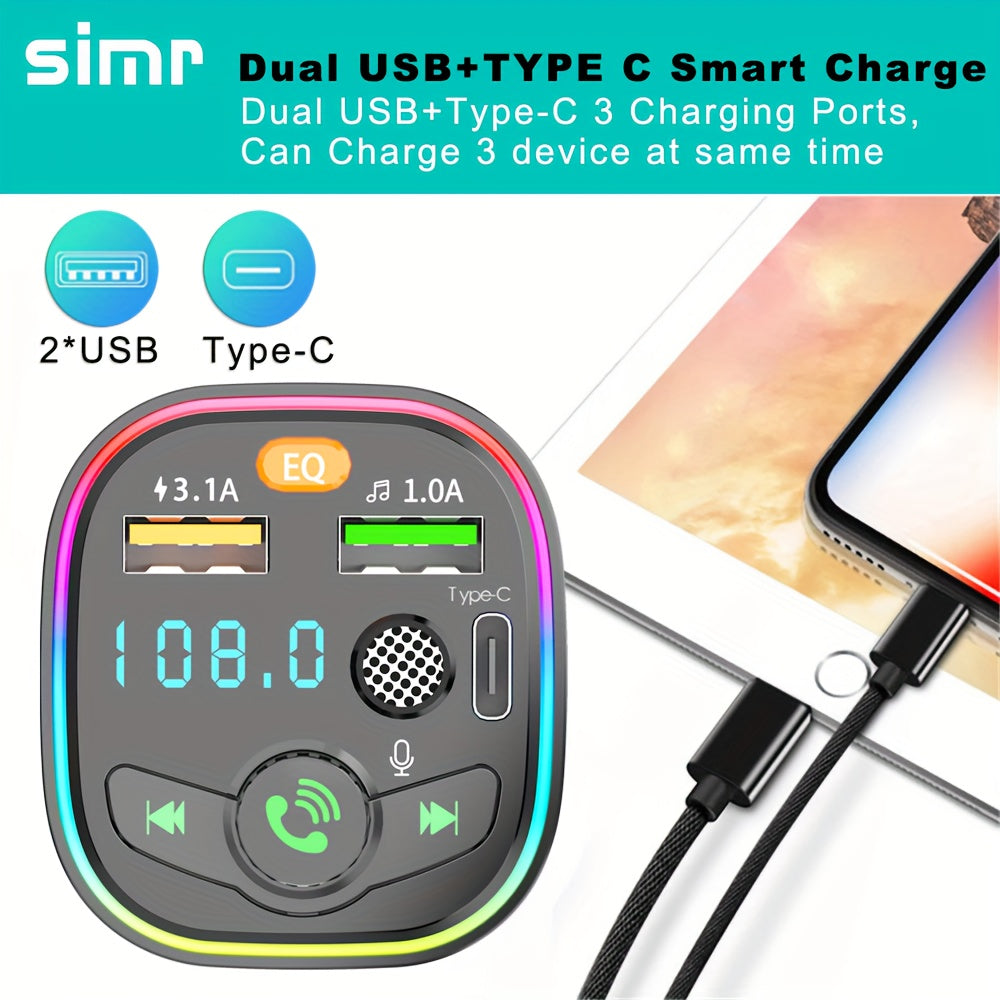 Wireless Car MP3 Player FM Transmitter Dual USB Type-C Charging Hands-Free Car Kit