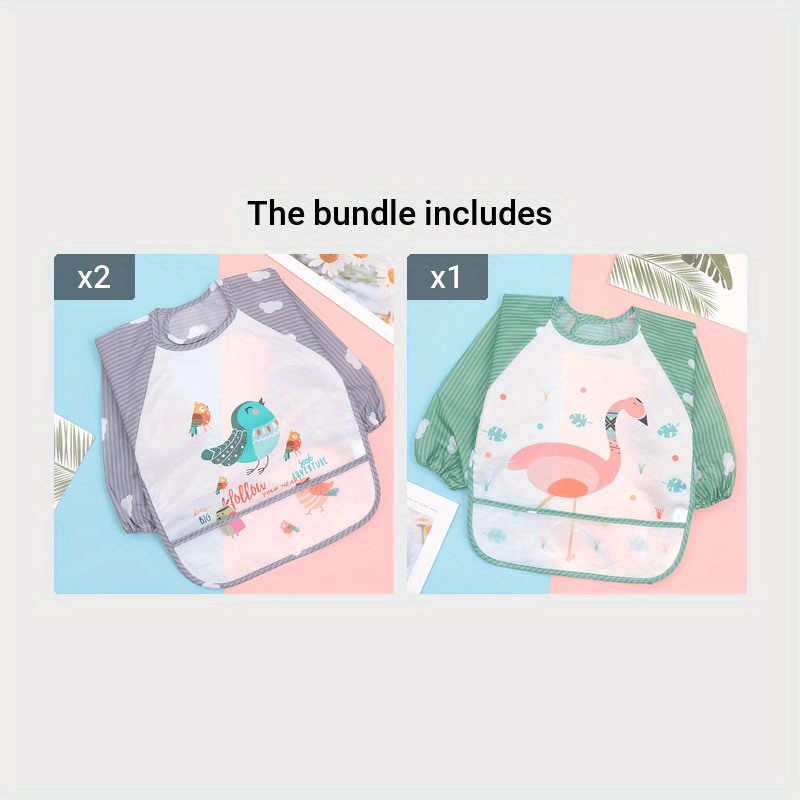 Baby Bib with Waterproof Long Sleeves, Reversible, Cartoon Design for Infants