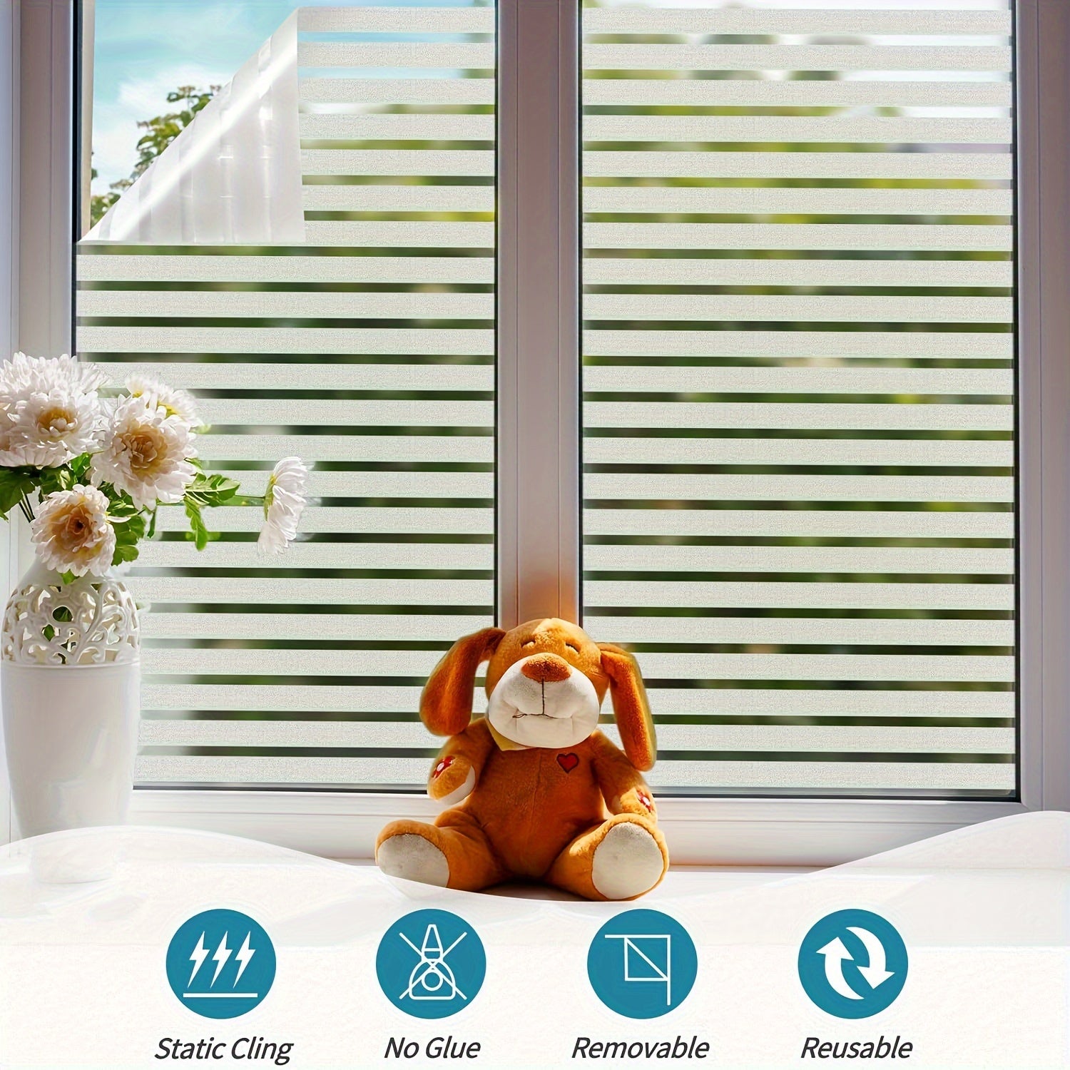 Modern Striped Privacy Window Film 44.96cm PVC UV Blocking Reusable Cling