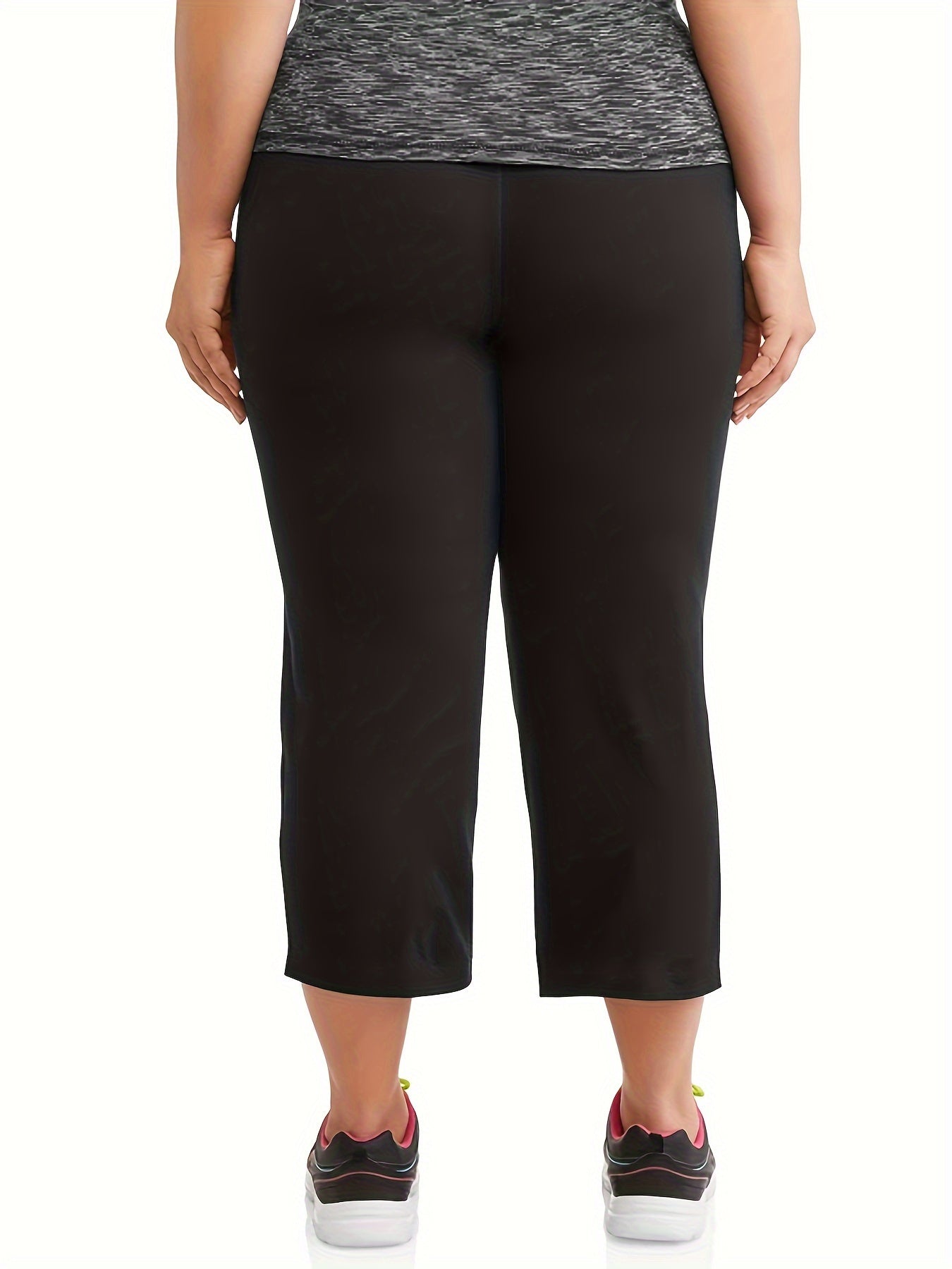 Plus Size High-Waist Stretch Capri Pants for Women Black Polyester