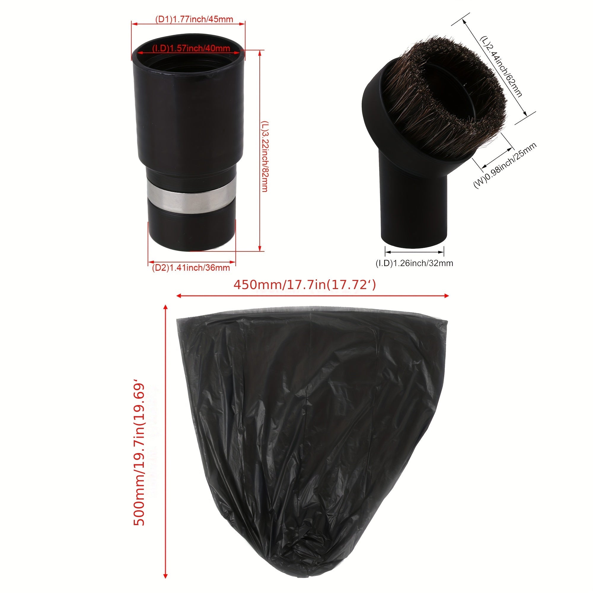 1 Ta'sirli changyutgich uchun dumaloq cho'tka qo'shimchasi, 32mm ichki diametri, 25mm cho'tka uzunligi, qora; 1 32mm quvur ulanishi, 2 oq nylon qo'lqop, 20 biodegradatsiyalanuvchi qalin tekis og'zli chiqindi sumkalari