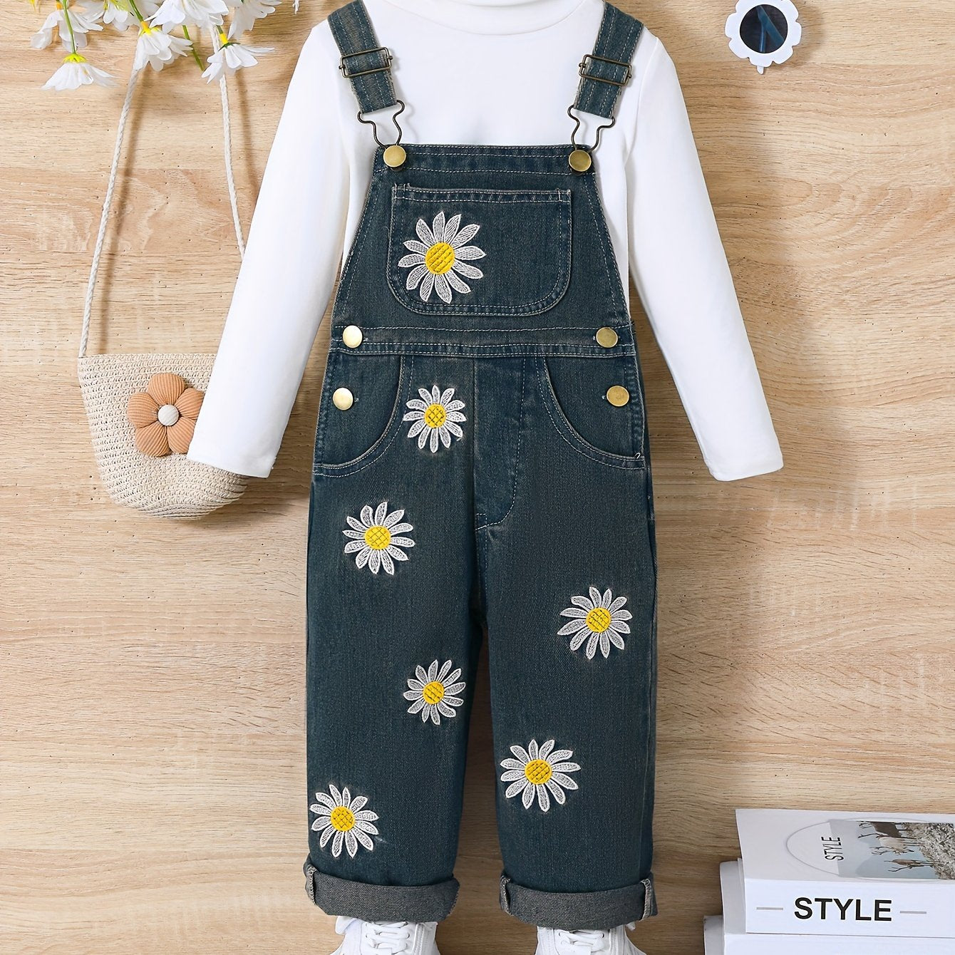 Kids Denim Pants with Daisy Embroidery Breathable Cotton Spring Summer Outdoor Wear