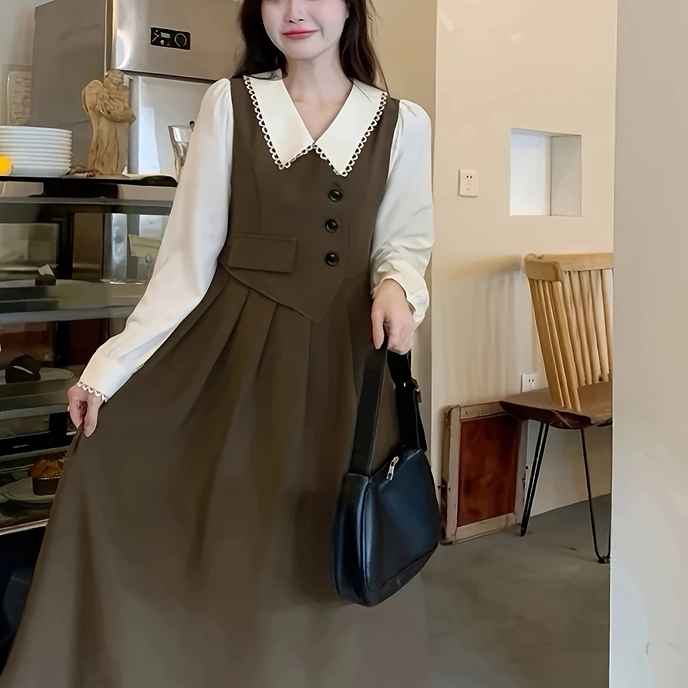 Teen Casual Lace-Trim Collar Shirt Dress in Solid Polyester Blend