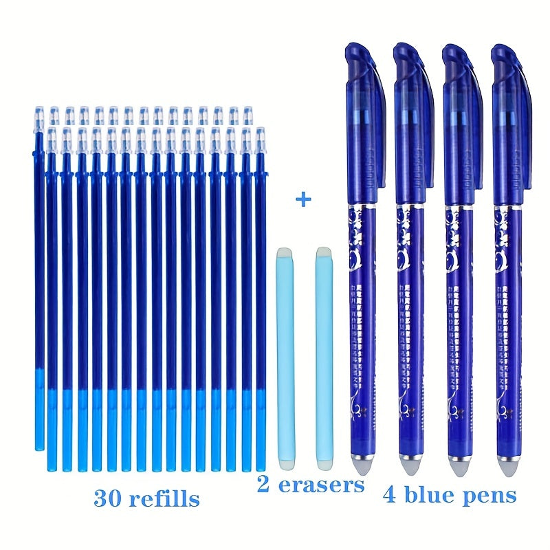 Set of 36 Blue 0.5mm Erasable Gel Pens with Replaceable Cores for Office and Students