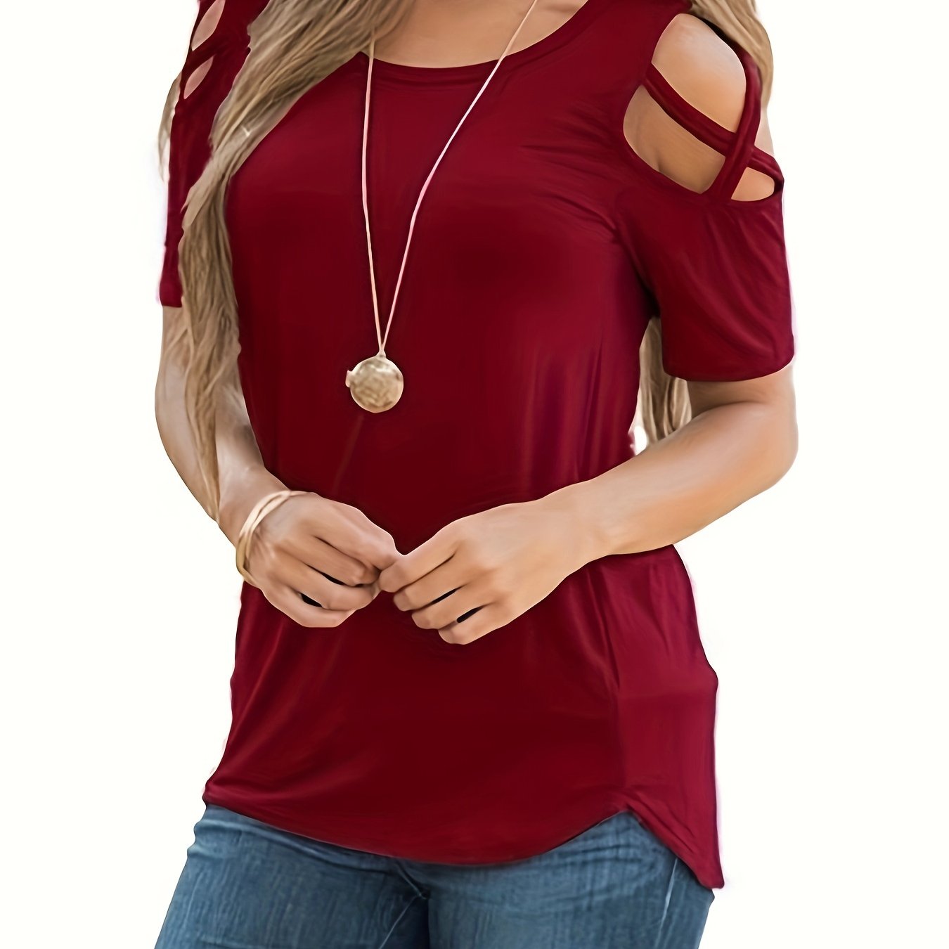 Plus Size Cold Shoulder T-Shirt Casual Crew Neck Short Sleeve Women