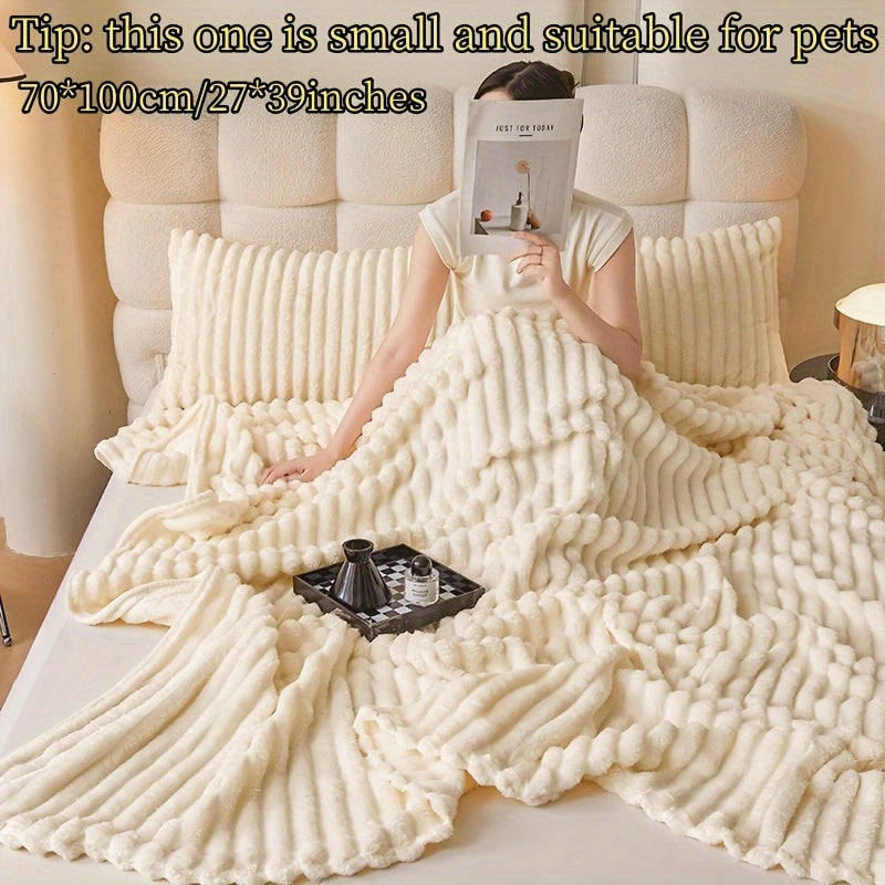 Striped Faux Fur Throw Blanket Cozy Knitted Polyester Bedspread for Sofa and Travel