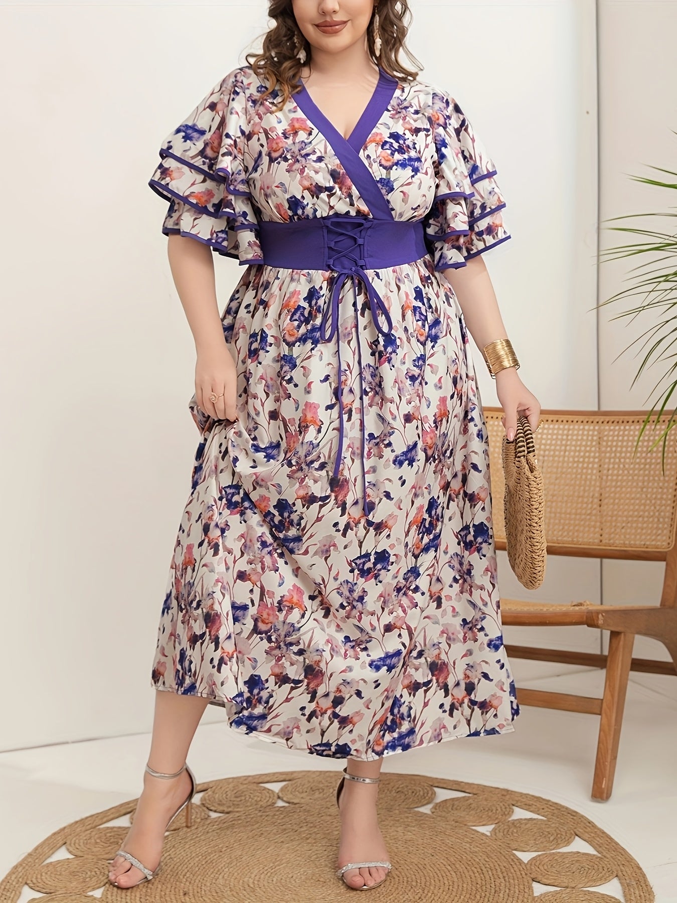 Women's Plus Size Floral V-Neck Tunic Dress with Crossover Back
