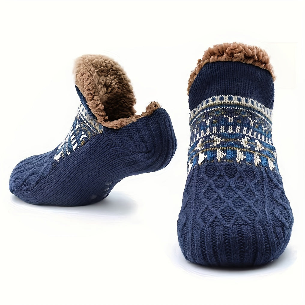 Мужские вязаные тапочные носки с плюшевой подкладкой, нескользящие подошвы, геометрический узор, синий и коричневый
