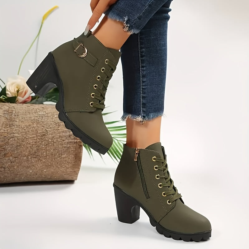 Women's Solid Color Chunky Heel Ankle Boots Lace-Up Short Boots