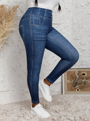 Leggings de talla grande para mujer con cintura alta y estampado digital, con falso bolsillo