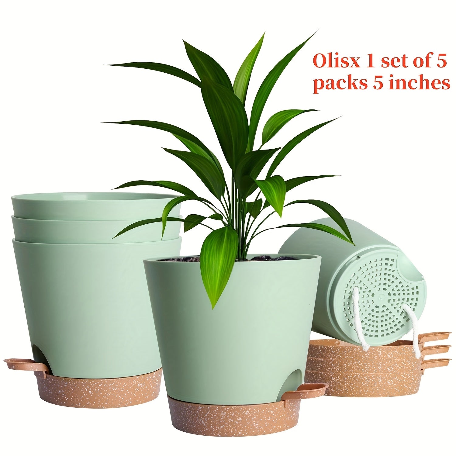 Set of 5 5-Inch Plastic Self-Watering Flower Pots with Drainage Holes and Trays for Indoor Outdoor Gardens