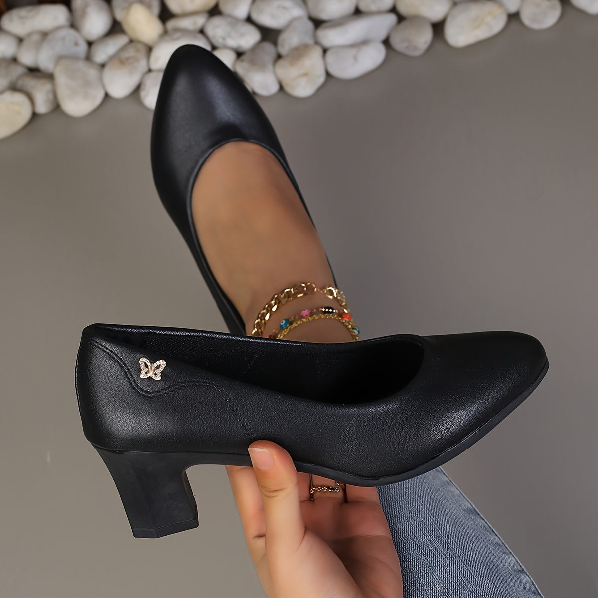 Women's Black Glossy PU Mary Jane Shoes with Bow, Mid-Block Heel