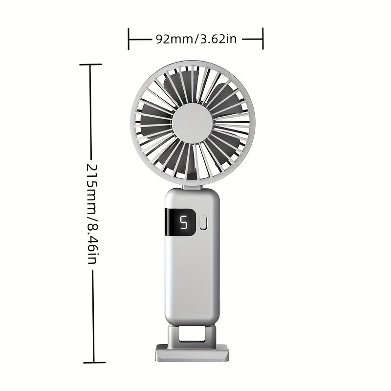 Portable Handheld Fan with LED Display, 5-Speed, Foldable, USB Rechargeable