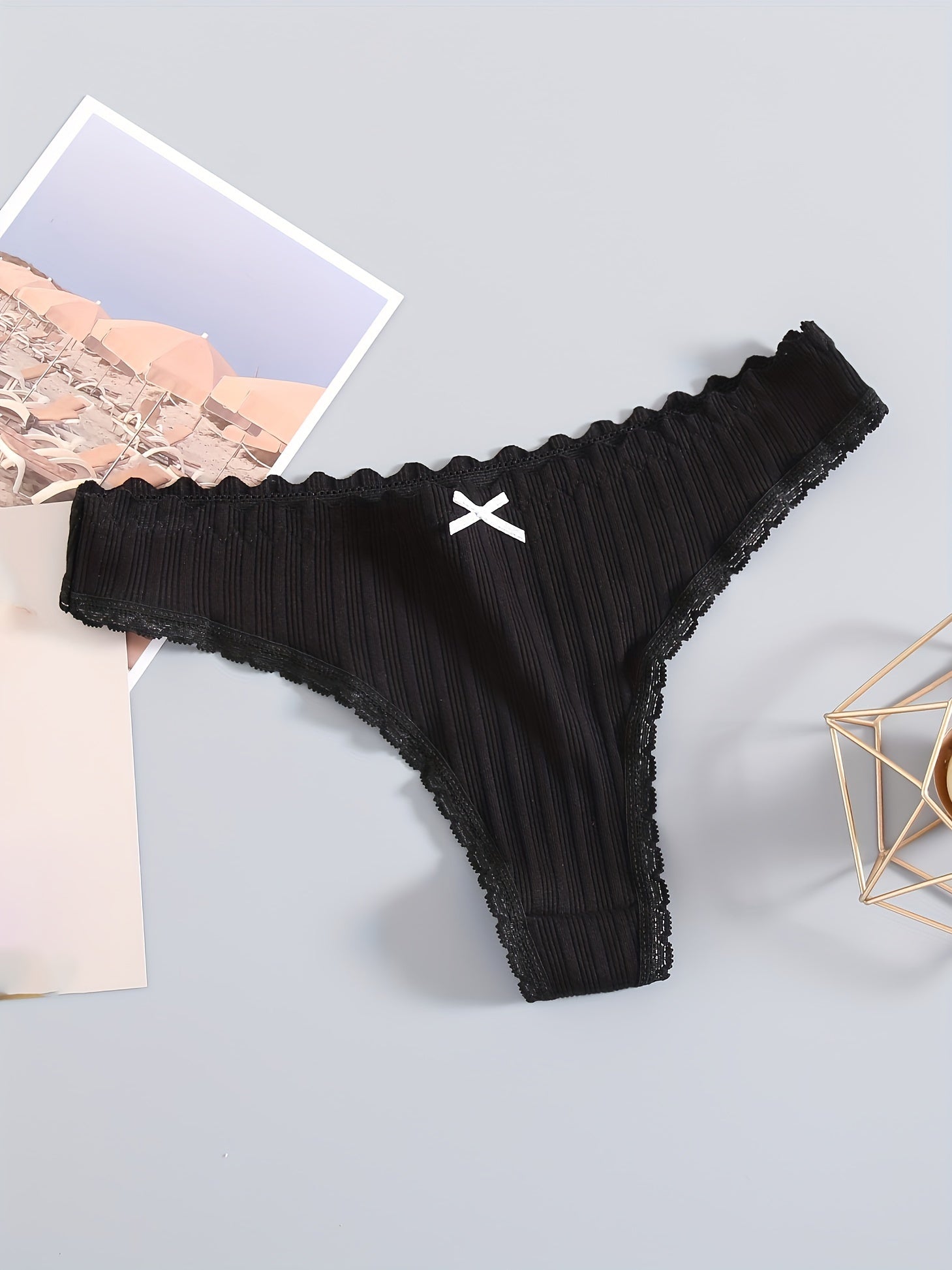 Women's Floral Lace Trim Thongs Low Waist Panties with Scallop Edge Set