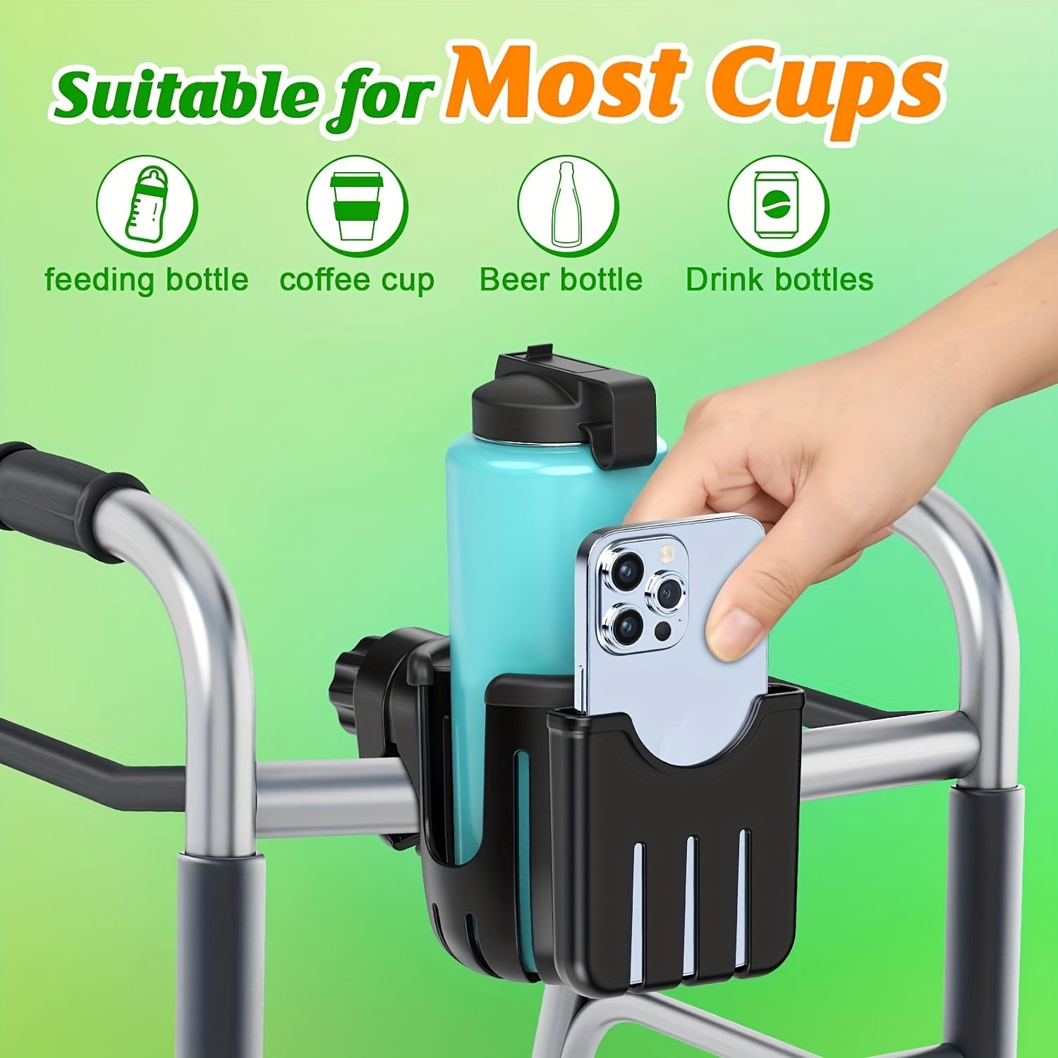 Stroller Cup Holder with Phone Holder for Bicycles Wheelchairs and Scooters