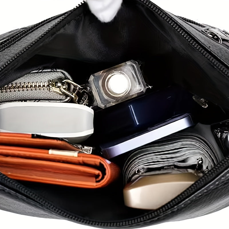 Black Nylon Crossbody Bag for Women with Adjustable Strap and Embossed Bow Pattern