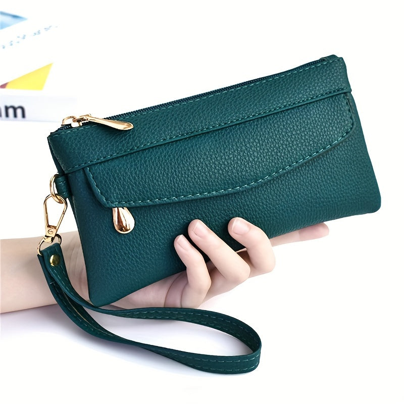 Black Zipper Wristlet Clutch Bag with Multiple Compartments for Women