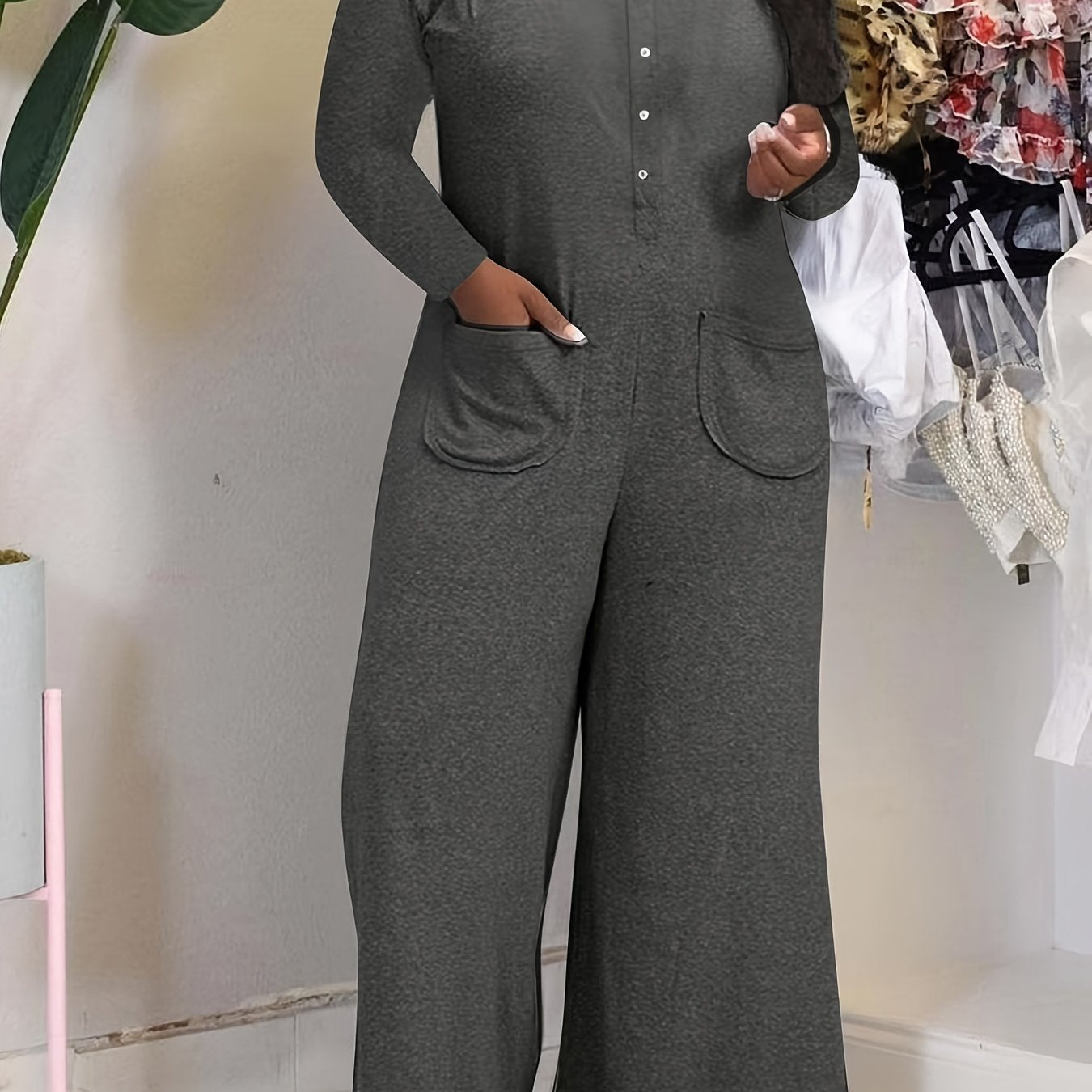 Women's Black Wide-Leg Lounge Jumpsuit with Pockets and Machine Washable