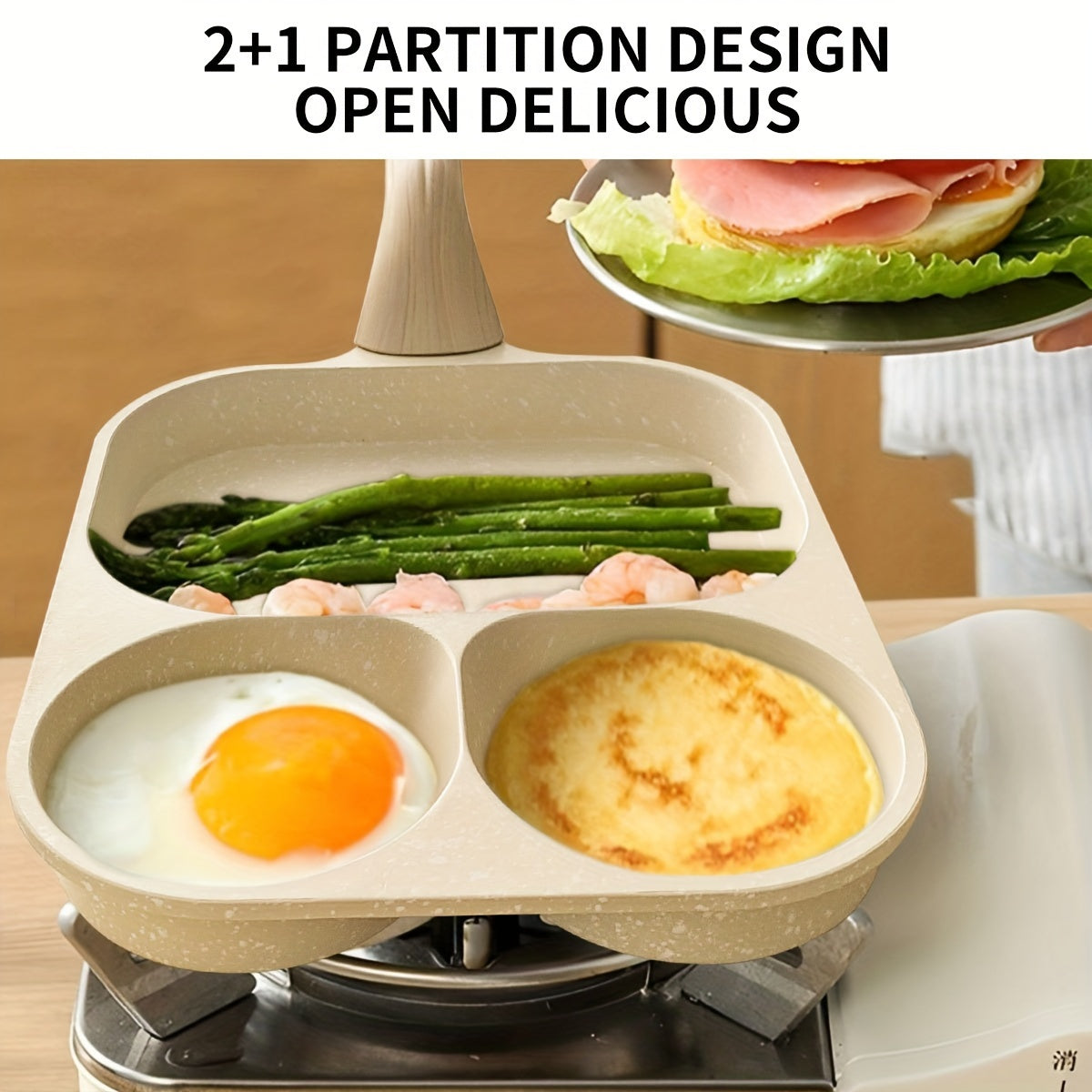 3-Section Non-Stick Aluminum Frying Pan for Breakfast Steak and Toast