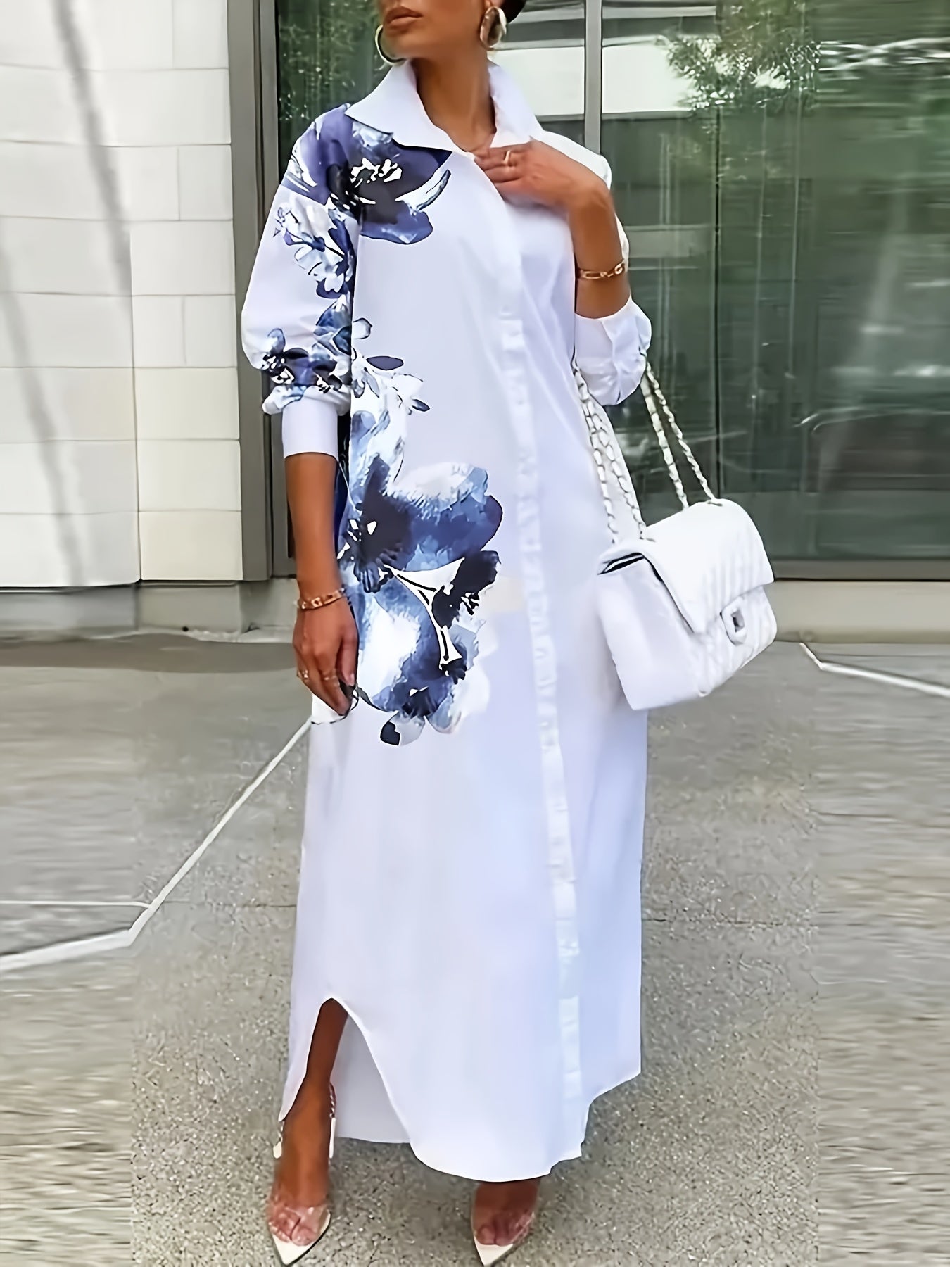 Платье-рубашка с цветочным принтом для полных женщин, длинный рукав, на пуговицах, из полиэстера, весна-осень