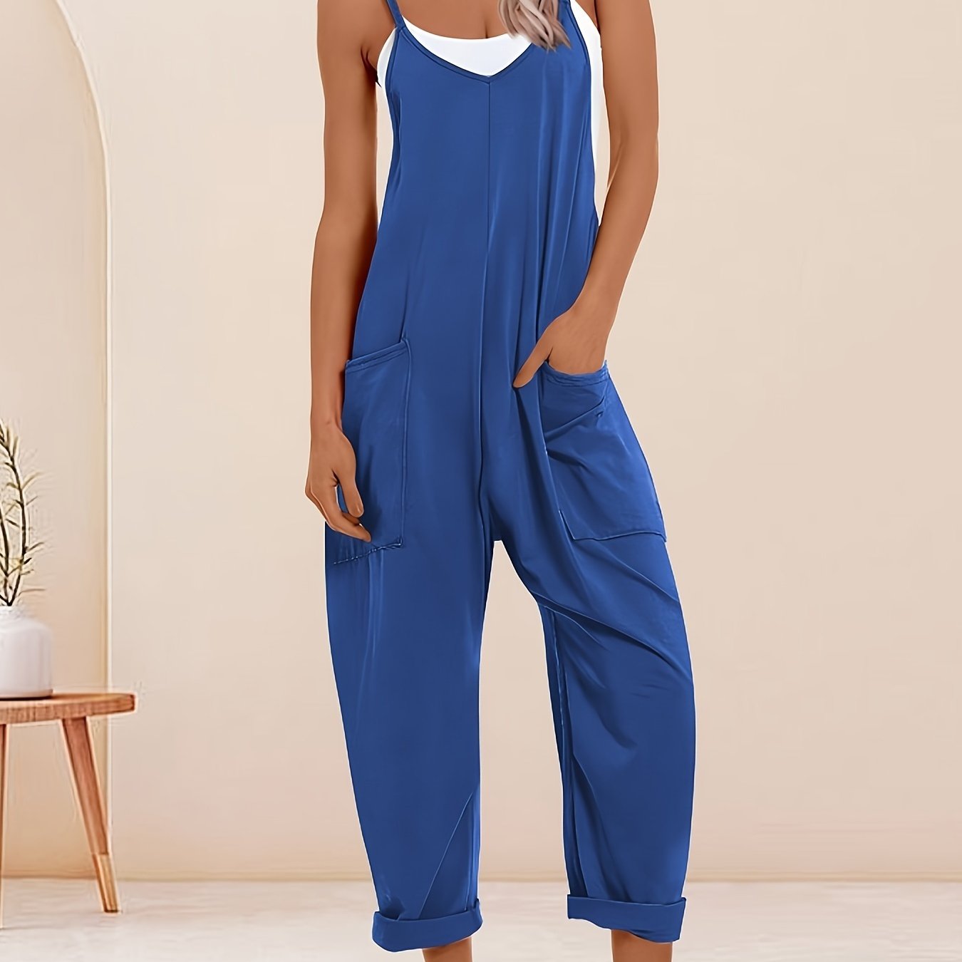 Mono de talla grande para mujer con tirantes finos, casual, de color sólido, verano
