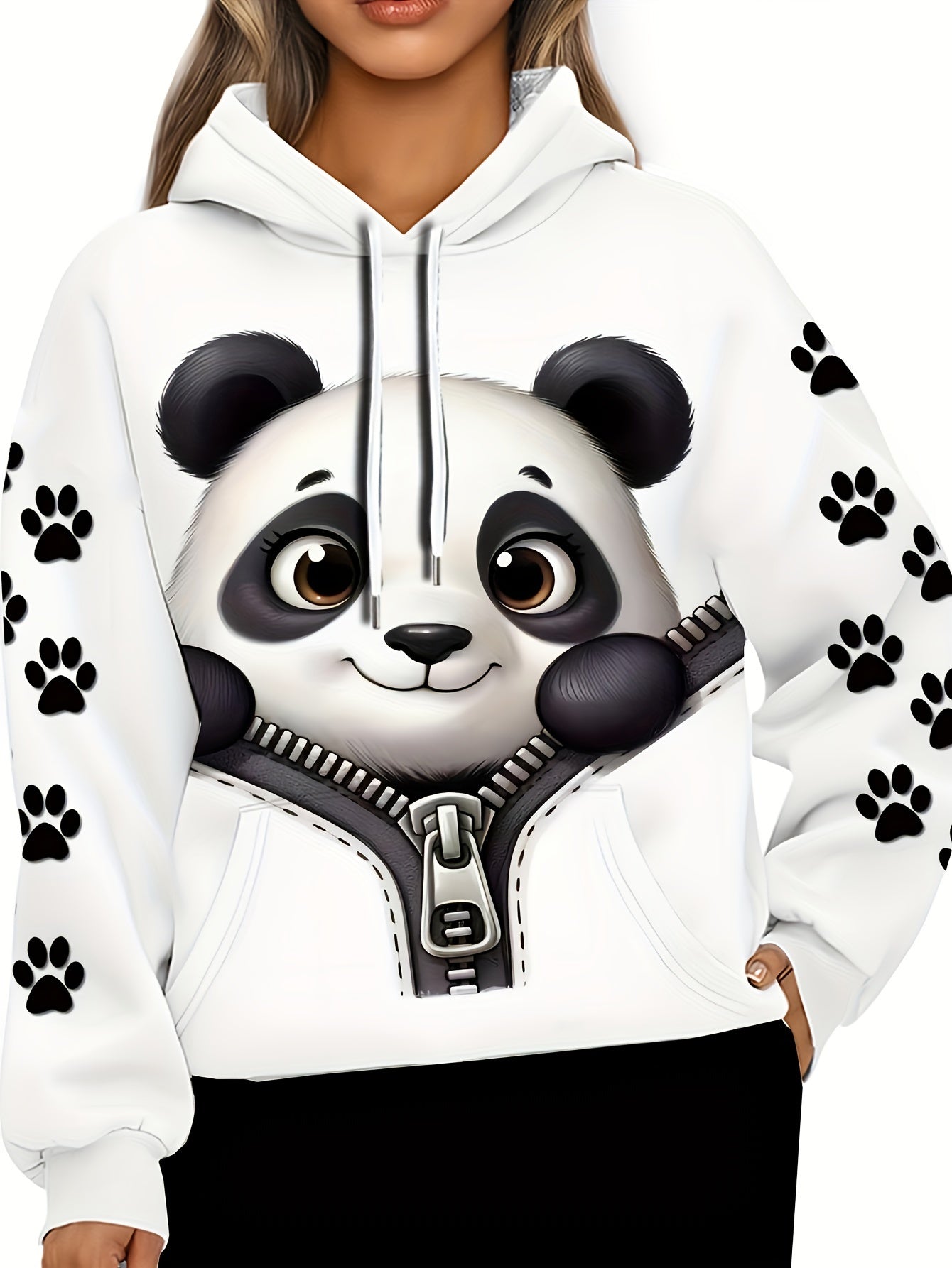 Plus o'lcham Panda bosma chiziqli kapşonli, kundalik uzun qo'l kiyimi, kuz-qish uchun ayollar