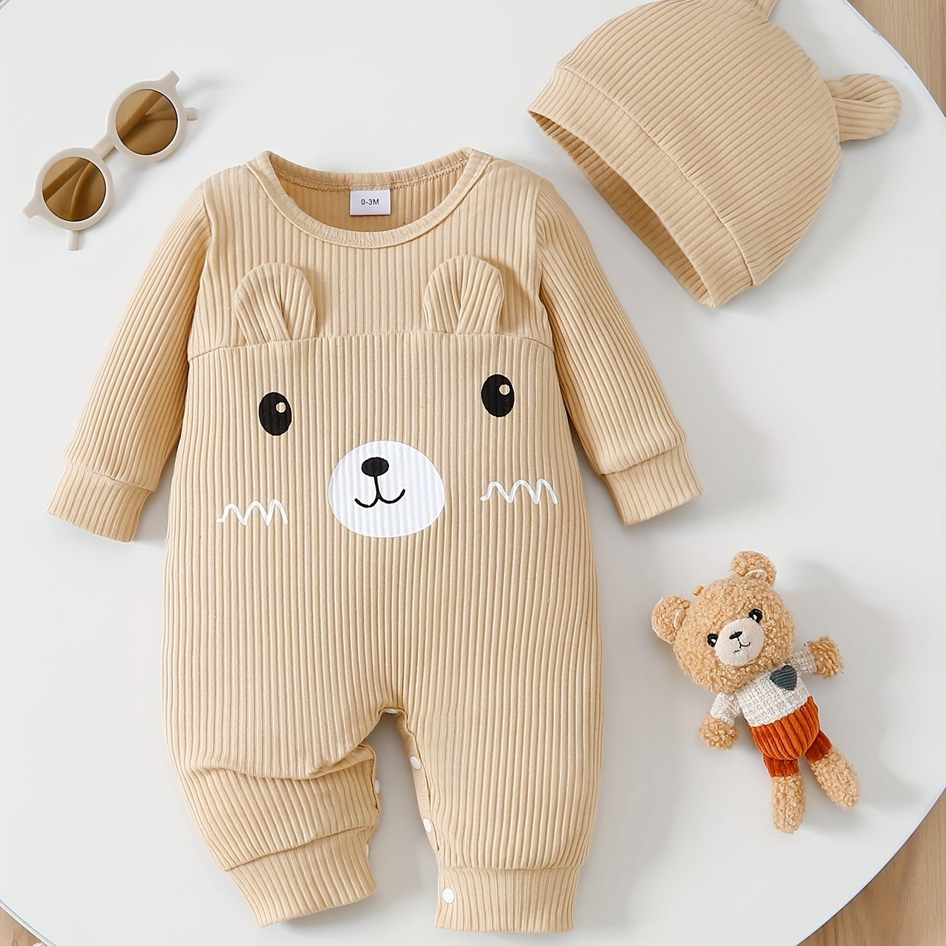 Children's Cotton Jumpsuit with 3D Bear Design and Cozy Hat for Boys