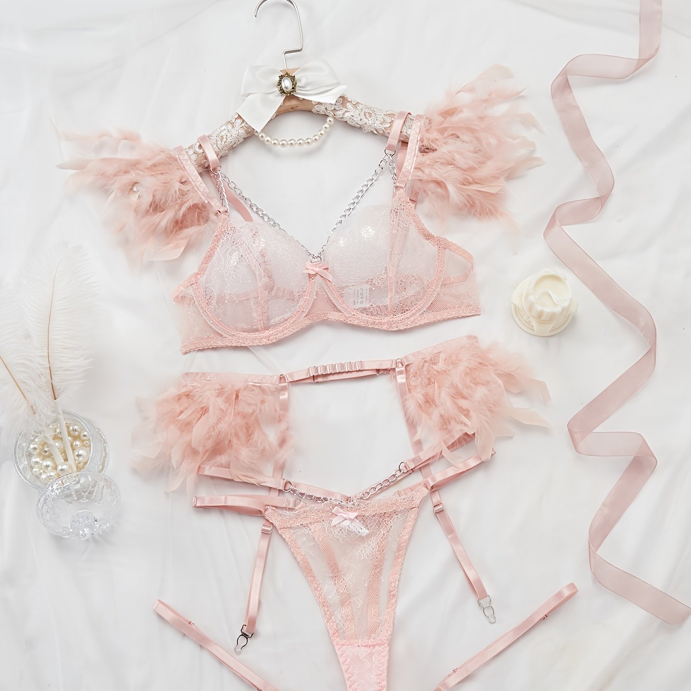 Women’s Lingerie Set with Steel Circle Gathering, Transparent Velvet and Natural Velvet