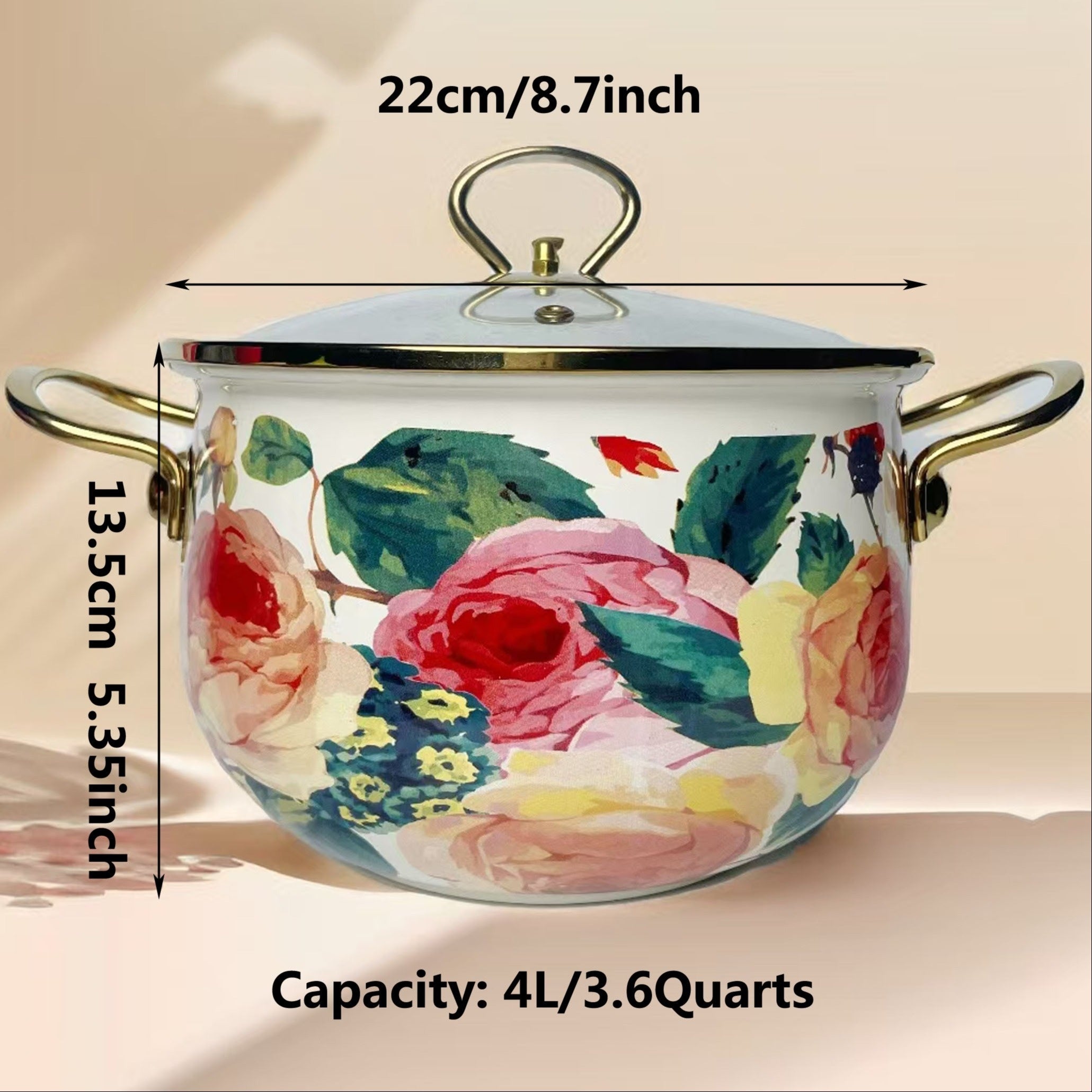 Floral Enamel Soup Pot with Lid and Sturdy Handle Kitchen Cookware