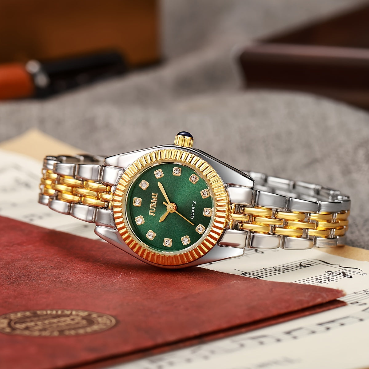 Ladies' Quartz Watch with Aurora Shell Dial Crystal Hour Markers Two-Tone Zinc Alloy Band