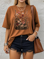 Plus Size Women's Casual T-Shirt with Floral Butterfly Print Soft Loose Fit