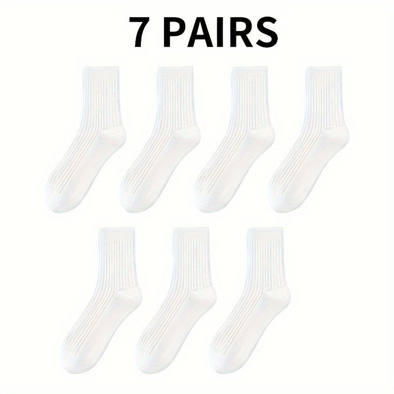 7 Pairs Black and White Thick Mid-Length Socks for Autumn Winter Breathable Comfort