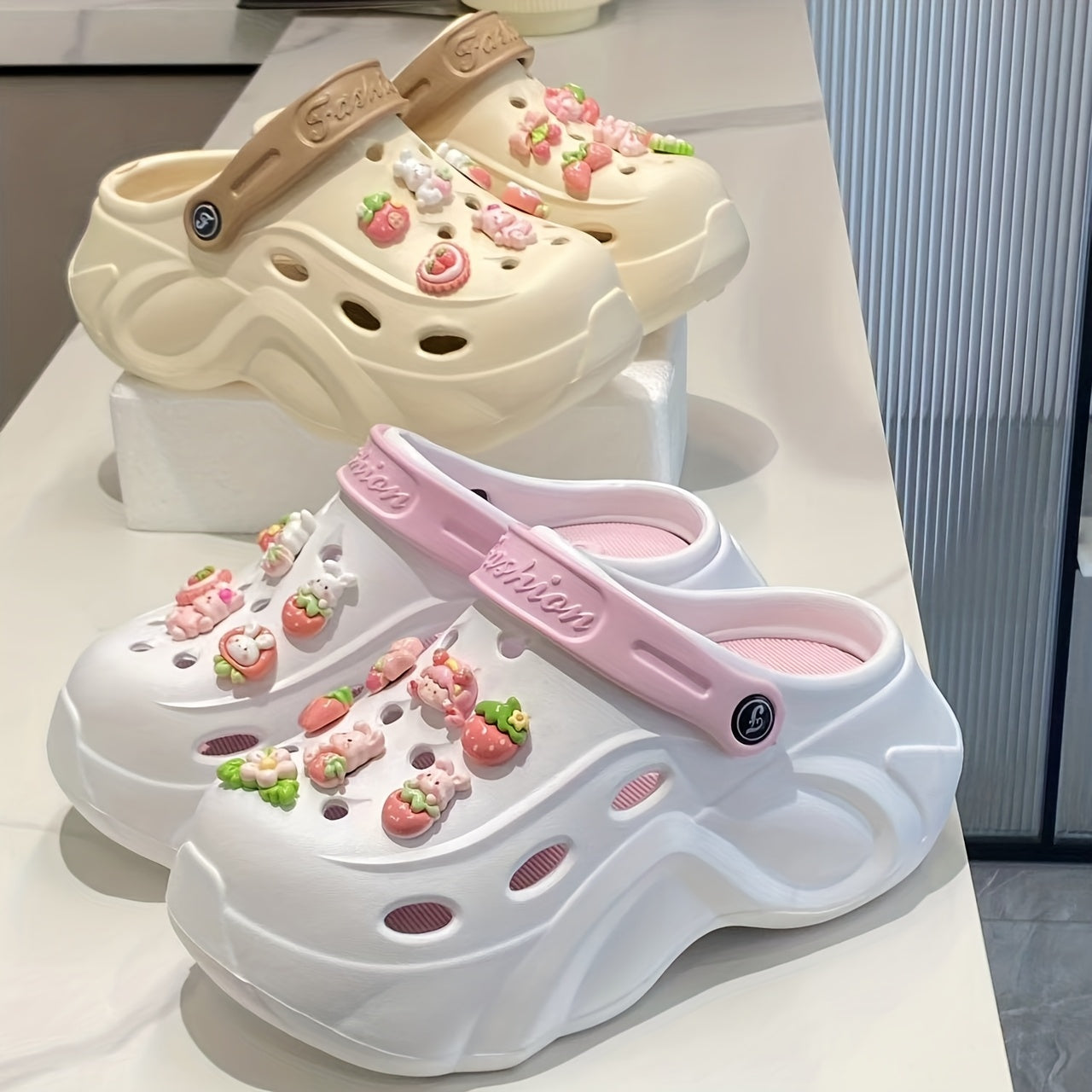 Women's EVA Hole Shoes with Pink Bunny Heel Sunflower Accessories