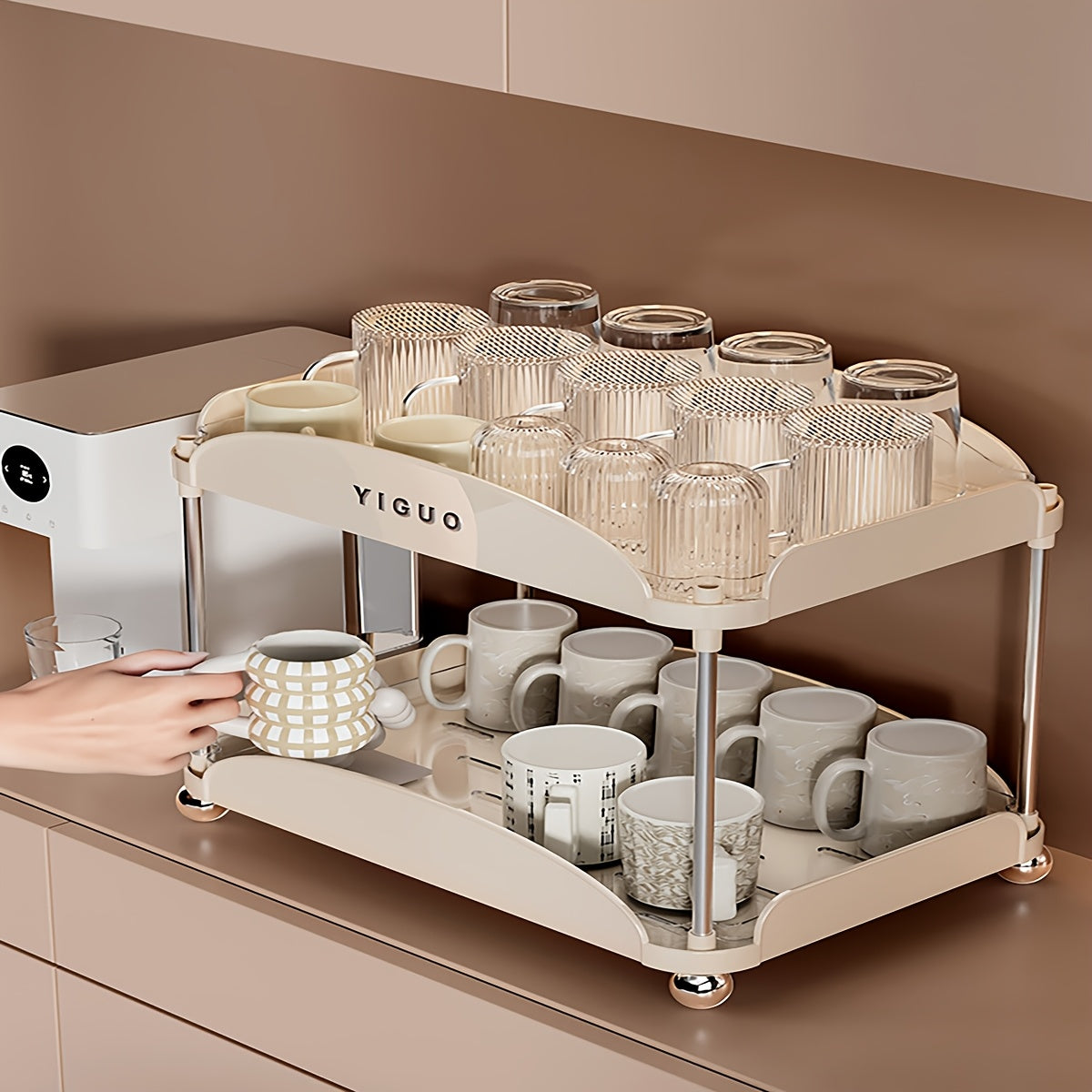 YIGUO Qopqoqsiz Ikki Qavatli Oshxona Tashkiliy Raqami - Chashkalar, Kofe Qoplari, Kofe Podlari uchun - Ochiq Saqlash Dizayni, Ko'p Maqsadli, Assembling Kerak Emas, Stol va Sirt Ko'rsatish Polka Kiritilgan