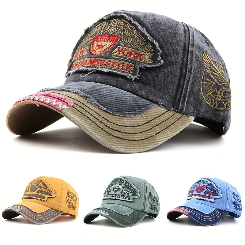 Vintage-Style Baseball Cap with Embroidered Eagle and NY Patch Adjustable Sun Protection Polyester Outdoor Sports