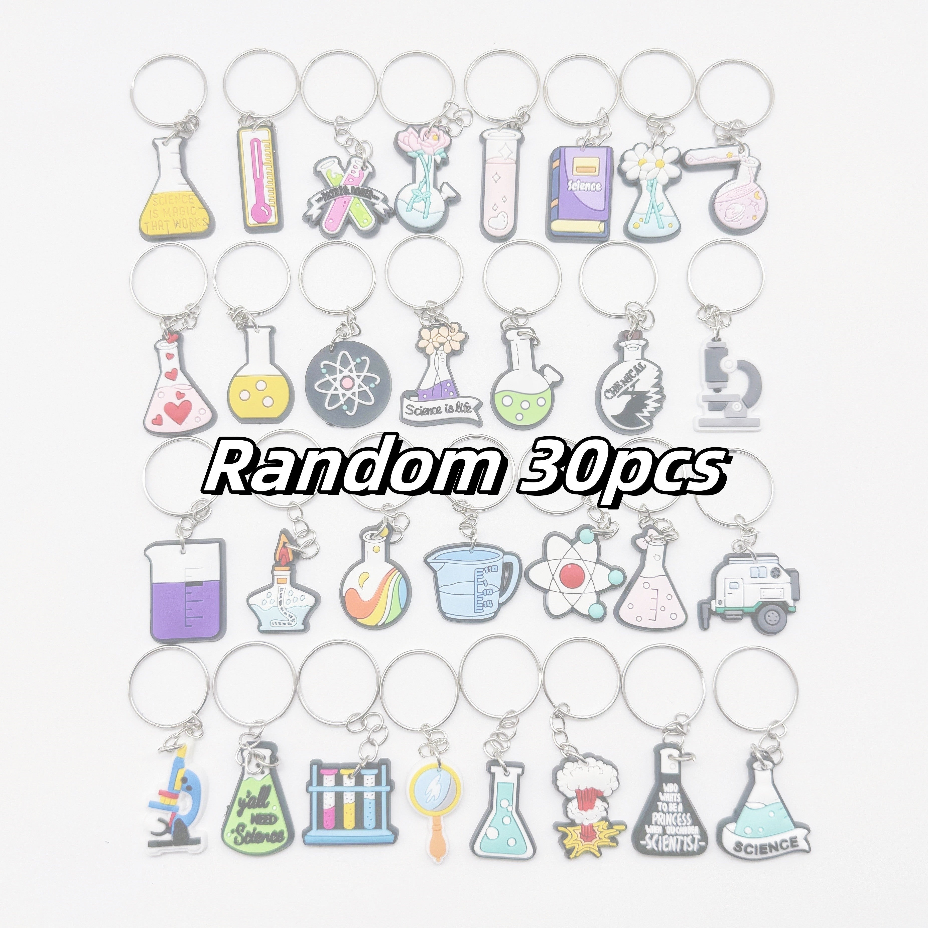 Kimyo va biologiya laboratoriyasi mavzulari bilan kalit zanjiri to'plami, test quvurlari, beakerlar, spirtli lampalar va uchburchak shishalar bilan - talabalar va maktab bezaklari uchun ideal, fan ilhomlantirgan.