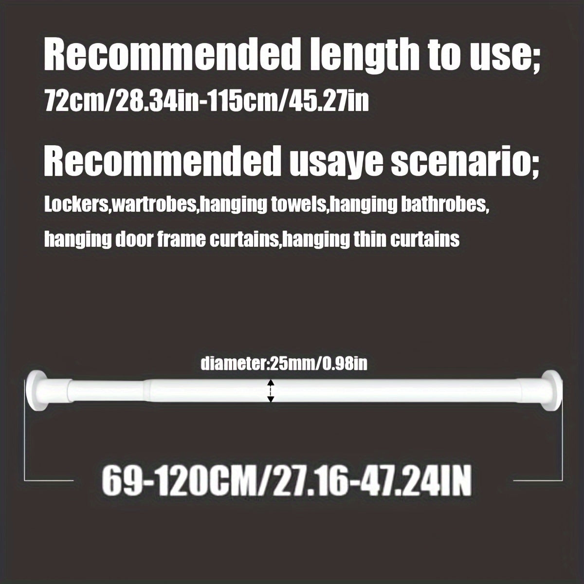 Ichki prujinasi bo'lgan teleskopik tayoq turli foydalanishlar uchun kuchli tortish kuchini ta'minlaydi, masalan, dush pardalari, quritish tokchalari, deraza bezaklari, Rim tayoqlari va shkafni qo'llab-quvvatlash.