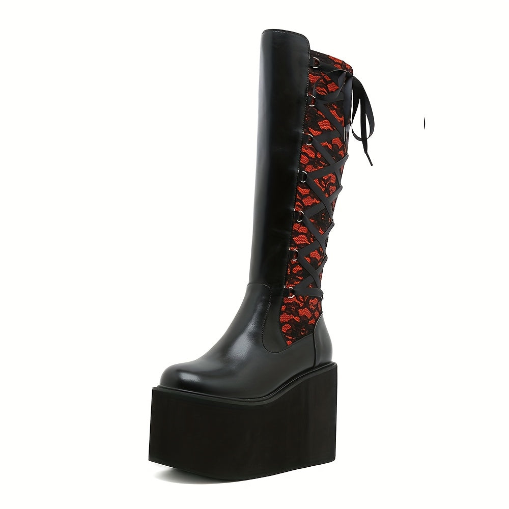 Women's Faux Leather Floral Lace-Up Knee-High Winter Boots Black Red Wedge