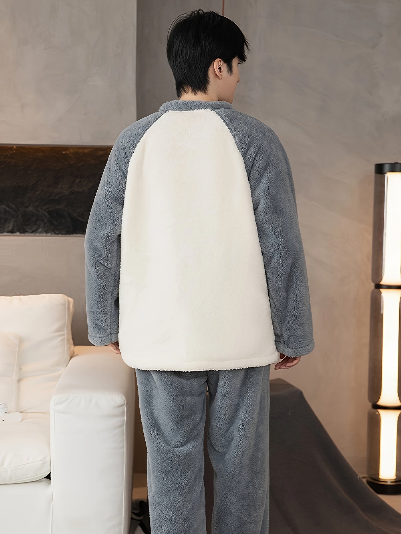 Men's Fleece Pajama Set Coral Fleece Solid Color Crew Neck Winter Regular Fit