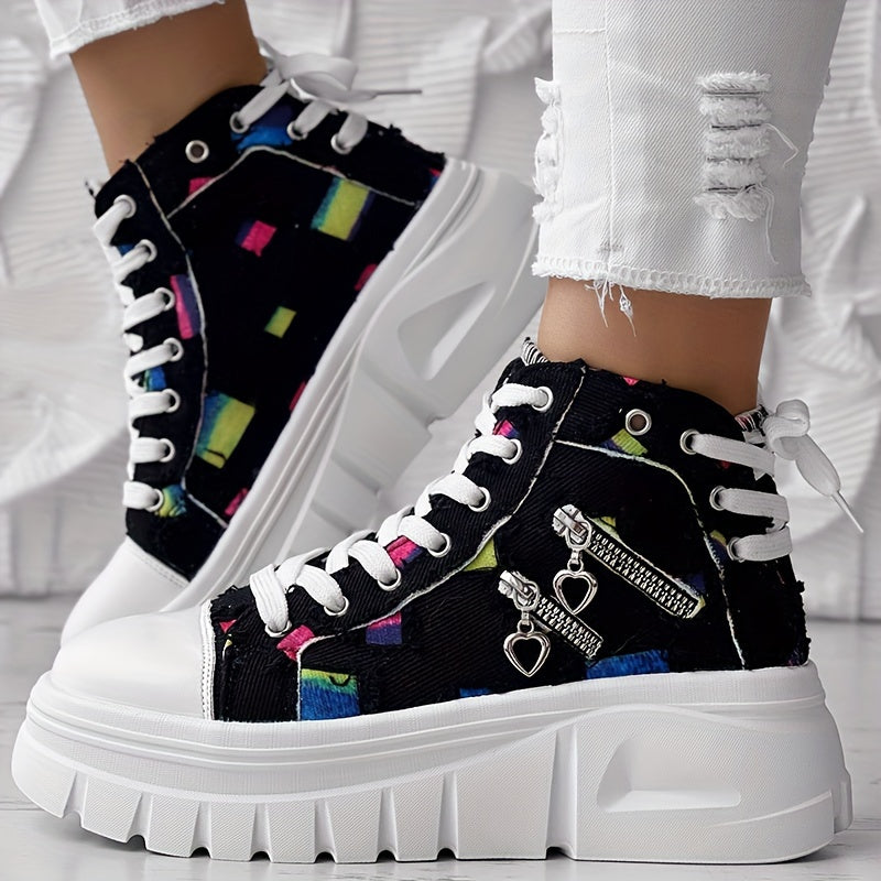 Women's Mid-Top Rainbow Heart Sneakers with Chunky Rubber Sole