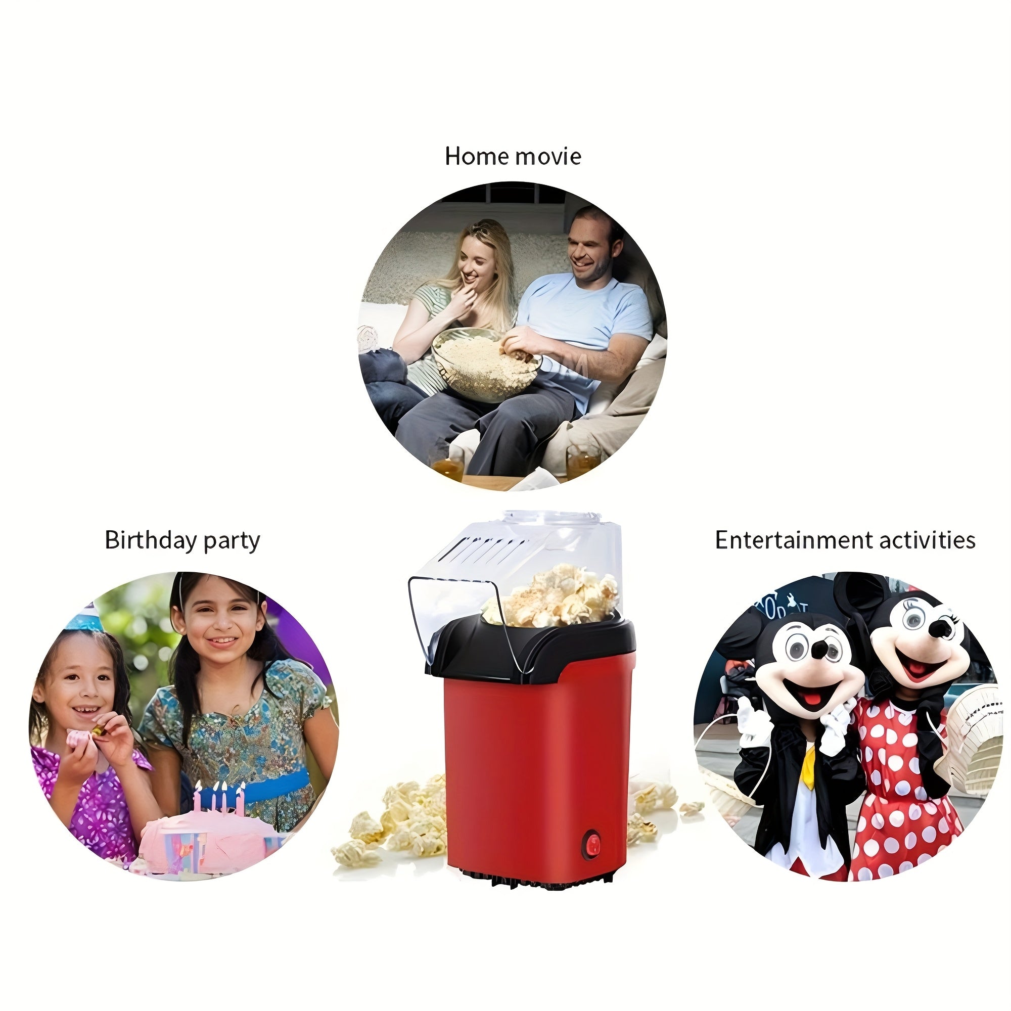 1200W Electric Popcorn Maker Oil-Less Red Black for Home Movie Nights Parties