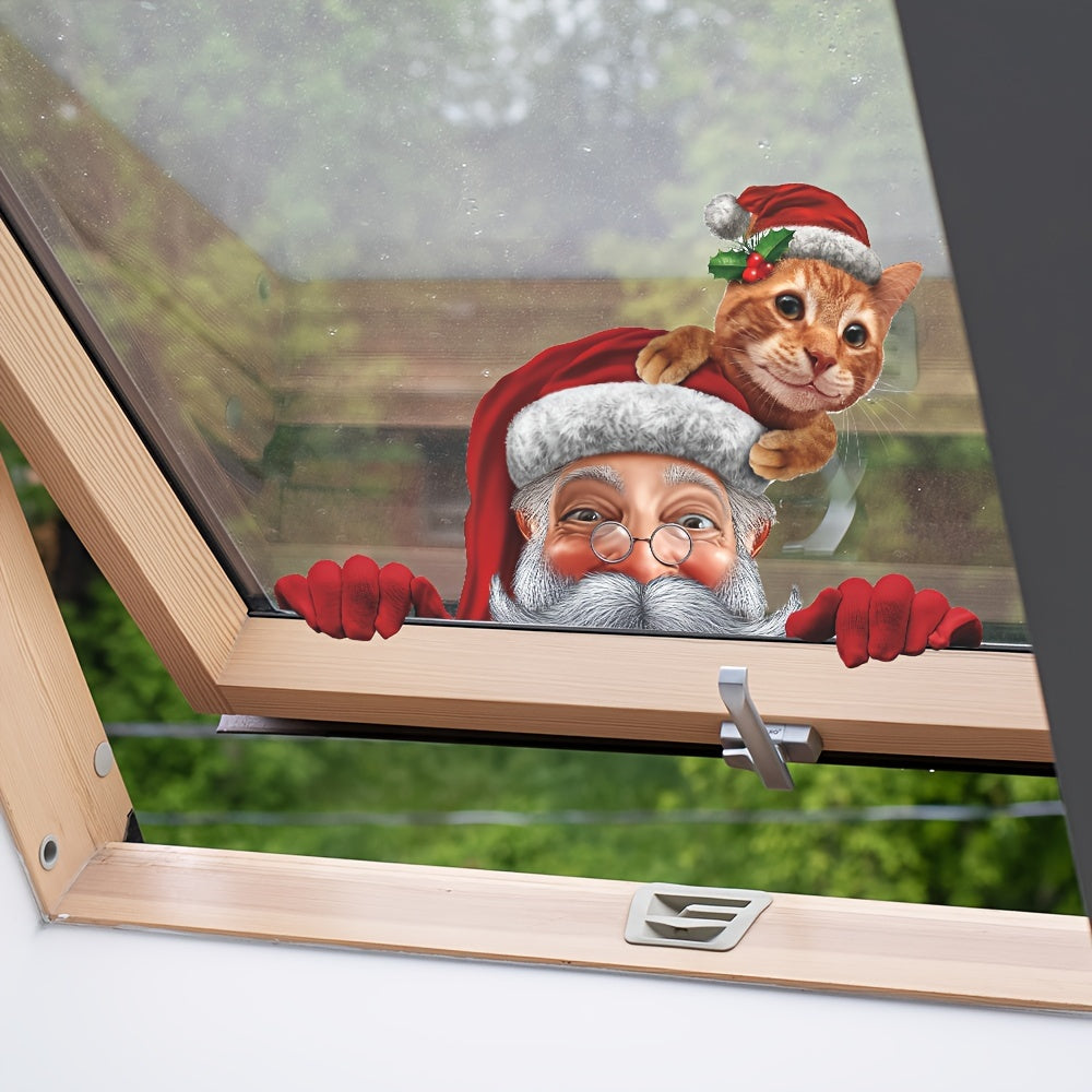 Contemporary Santa and Kitten Christmas Window Cling Festive Holiday Decor