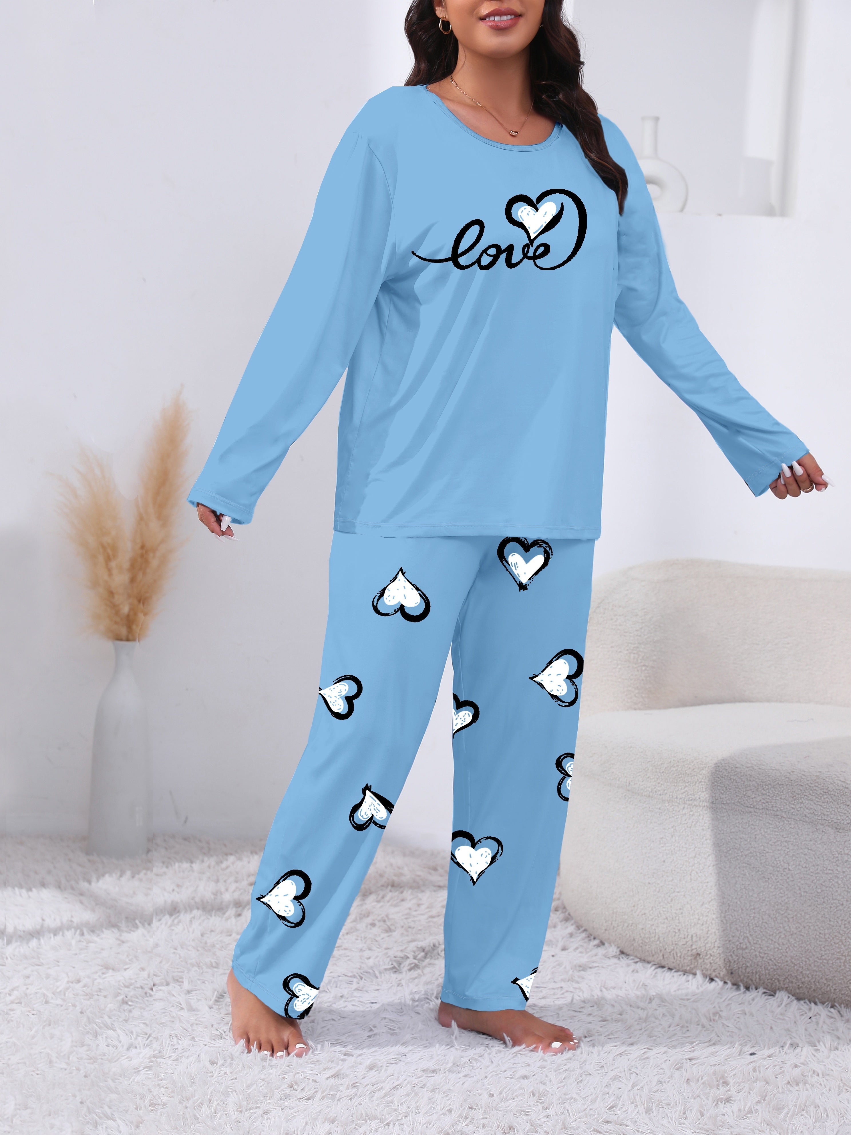 Plus Size Women's Knit Pajama Set Long Sleeve Heart Print Lounge Sleepwear