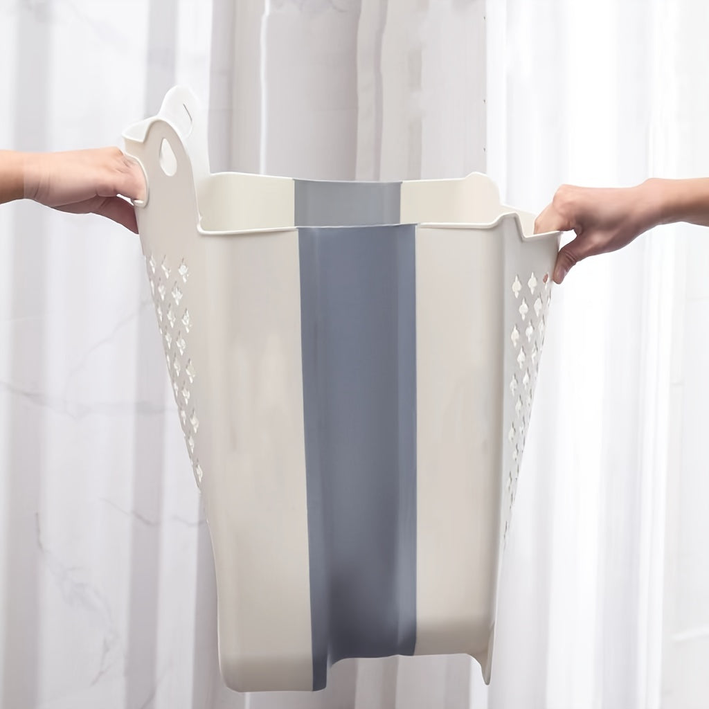 Moviy va oq devor ustiga o'rnatiladigan buklamali kir yuvish savati, yulduzcha kesimlari bilan, joyni tejovchi kiyimlar tashkilotchisi