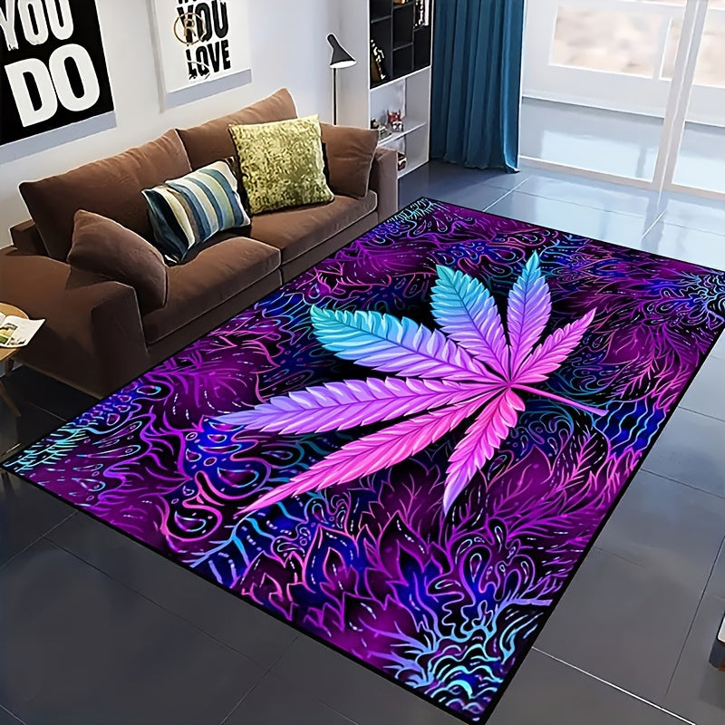 Soft Washable Polyester Area Rug with Psychedelic Leaf Print for Living Room and Bedroom