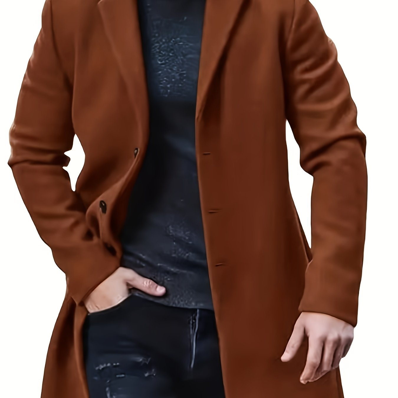 Erkaklar uchun plussiz tasodifiy trench palto, 100% polyesterdan tayyorlangan, mustahkam rangli cho'zilmaydigan to'qimachilik mato, yengil yaka, tugma tafsilotlari va keng kesimga ega, bahor/kovak uchun tashqi kiyim sifatida mos keladi.