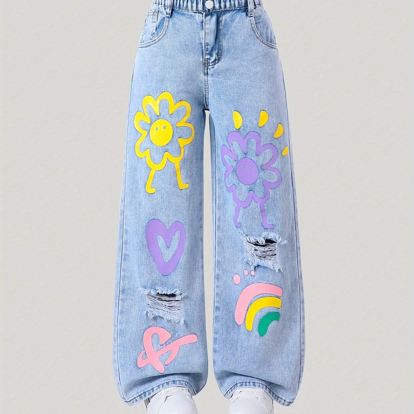 Girls' Y2K Straight Leg Jeans with Heart and Flower Designs Elastic Waist Non-Stretch Denim